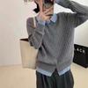 Kontrastfarbige Strickjacke für Damen, vielseitige Farbkombination, Fake-Zweiteiler mit Revers, einreihig, lässige Strickjacke für Damen