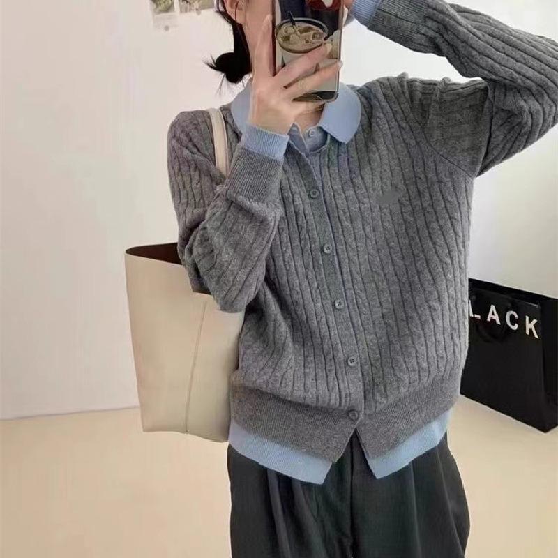 Kontrastfarbige Strickjacke für Damen, vielseitige Farbkombination, Fake-Zweiteiler mit Revers, einreihig, lässige Strickjacke für Damen