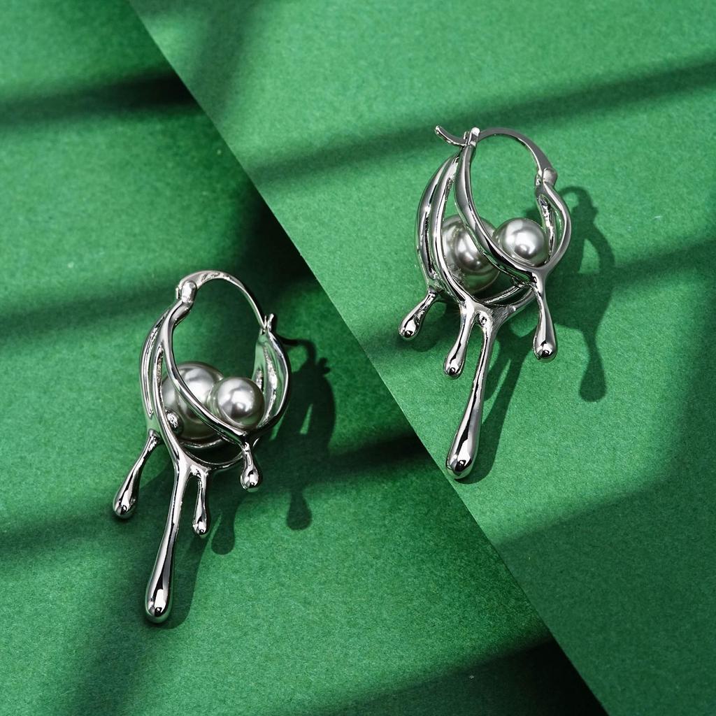 Elegant Pearl Drop Earrings: Irregular Metal 'Lava' Design with European & American Style