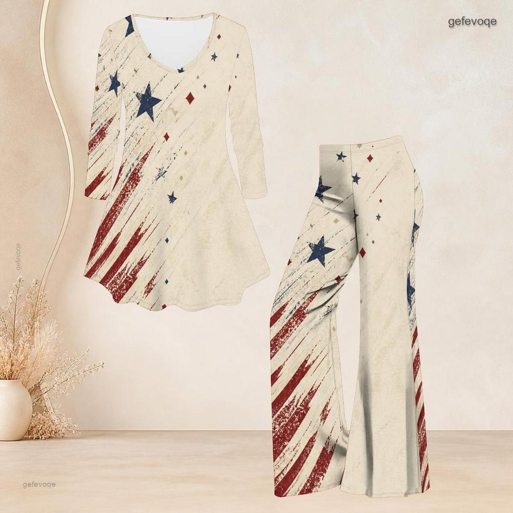 Women Plus Size Beige Printed Two Piece Set V Neck Long Sleeve Flared Top And Flared Pants