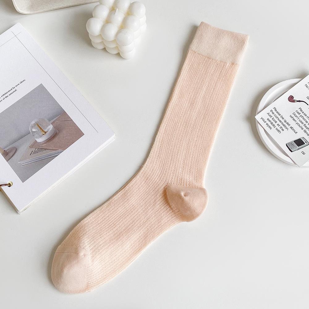 Female Spring and Summer Thin Thin Breathable College Style Solid Color Calf Pile Socks