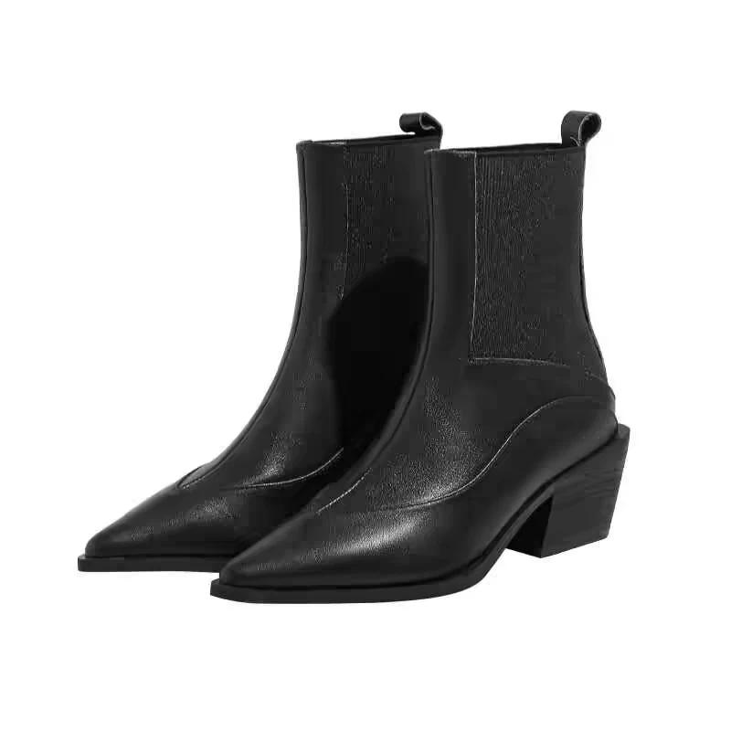 Women Leather Ankle Boots Pointed Toe Mid Heels Shoes Woman 2025 Trend Fashion Winter Elegant Dress Chelsea Boots Mujer Botas