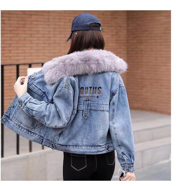 Women's Winter Short Warm Denim Jacket Plus Size Hair Collar Denim Jacket