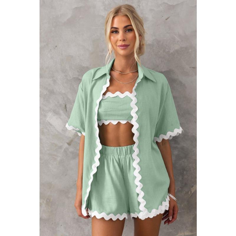 VEZFAA Damenmode Lässig Sommer Frühling Spitze Druck Kurzarm POLO-Kragen Hosenanzüge