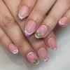 24 Pcs French Tip Press On Nail Short Oval False Nail Flowers Acrylic Nail Simple Full Cover Stick On Nail