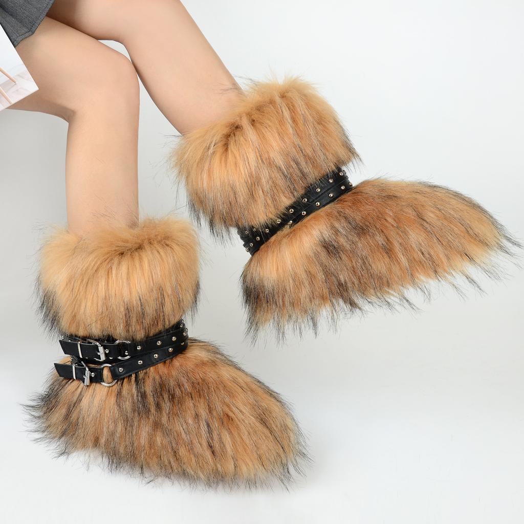 Women's Faux Fur Snow Boot Winter Warm Fluffy Furry Ankle Boots for Women Outdoor Fuzzy Mid-Calf Booties Plush Warm Snow Shoes for Outdoor Indoor