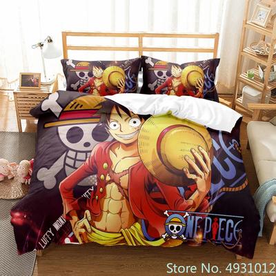 One Piece Luffy Chłopiec Zestaw Pościeli 3-częściowy Kołdra Kreskówkowa Poszewka na Kołdrę Poszewka na Poduszkę Pościel Dzieci Chłopiec Łóżko Zestaw do Sypialni