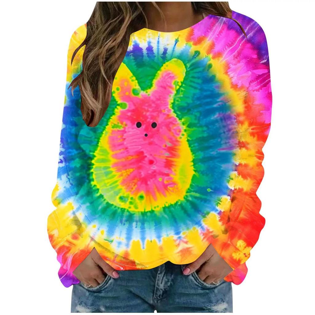 Round Neck 3D Tie Dye Rabbit Printed Top Fashionable Casual Long Sleeved Women's T-shirts