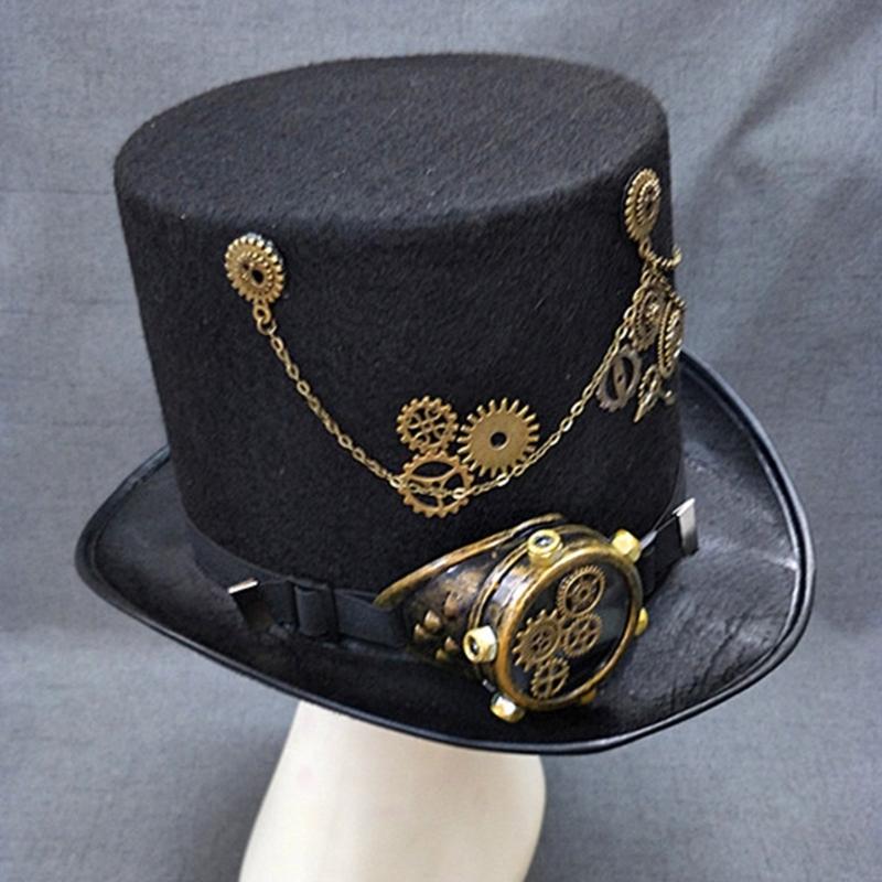 Steampunk Top Hat with Goggles Halloween Metal Gear Decor Hat Gothic Cosplay Magician Hat Unisex Jazzs Hat