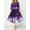 Weihnachtskleid für Damen in Übergröße, mit Schneeflocken-Aufdruck, Rundhalsausschnitt, 3/4-Ärmel, hohe Taille, lässiges Cocktailparty-Kleid in A-Linie, Swing-Midikleid