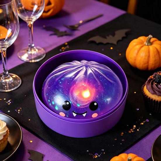 Dumpling Toy Halloween Glitter Squeeze Toy Spooky Ghost Pumpkin with Steamer Cute Calm Down Toys Slow Rising Bun Fidget LED Light for Anxiety Stress
