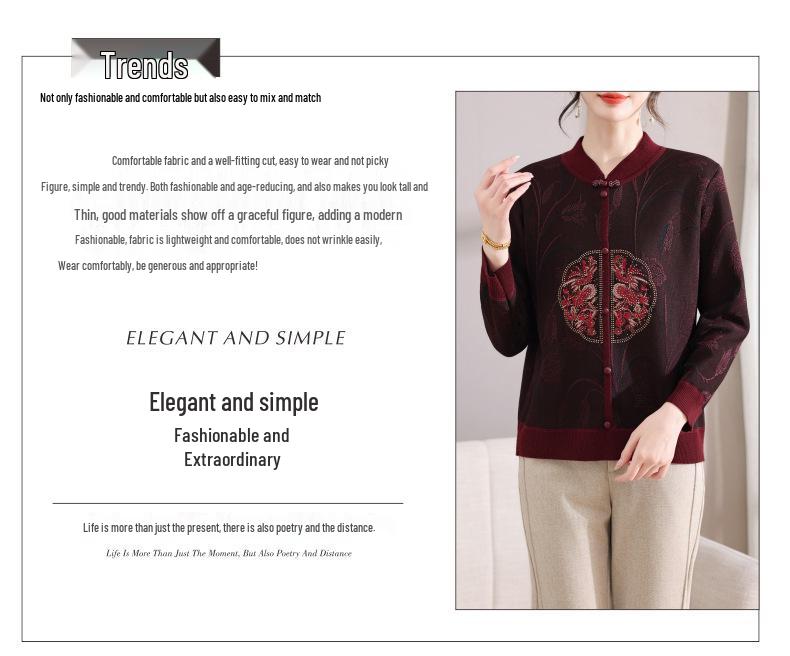 Plus-Velvet National Style Sweater for Middle-Aged and Elderly Women - Autumn/Winter Loose Fit
