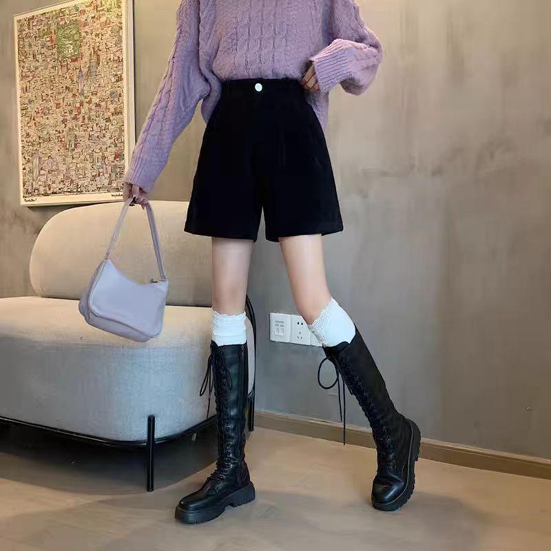 Women's A-Line Black-Coffee Corduroy Shorts with Sweatshirt, 2025 Spring/Autumn New Style, Casual Wide-Leg Design