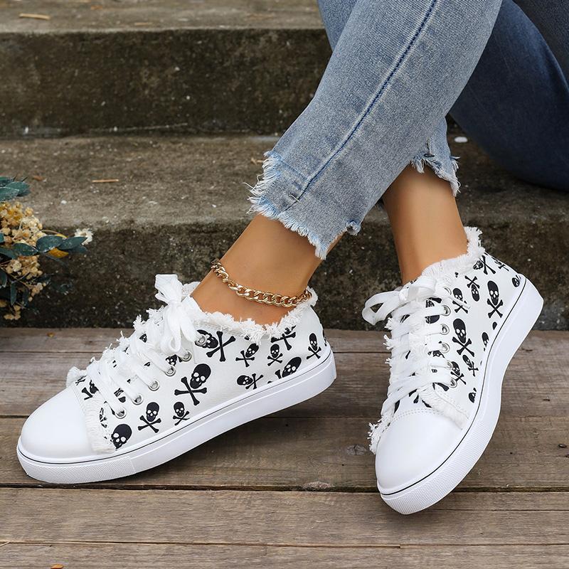 Mode Damen Sneaker Totenkopf Fledermaus Muster Flache Vulkanisierte Schuhe Mode Schnür-Sneaker Damen Lässige Atmungsaktive Canvas Schuhe