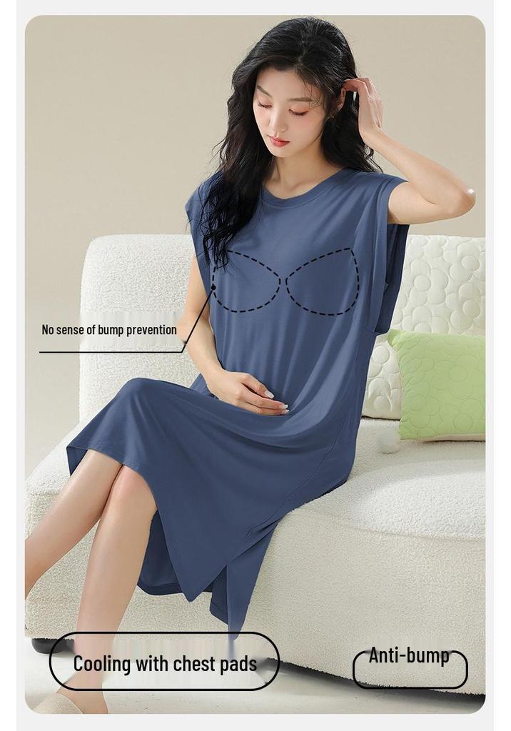 2026 Women's Spring/Summer Blue Nightgown with Built-in Bra, Short Sleeves, Round Neck, Casual Homewear Style