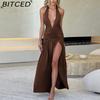 BITCED Summer Women's Elegant Halterneck V-Neck Maxi Dress Seductive Slit with Pleated Backless Design