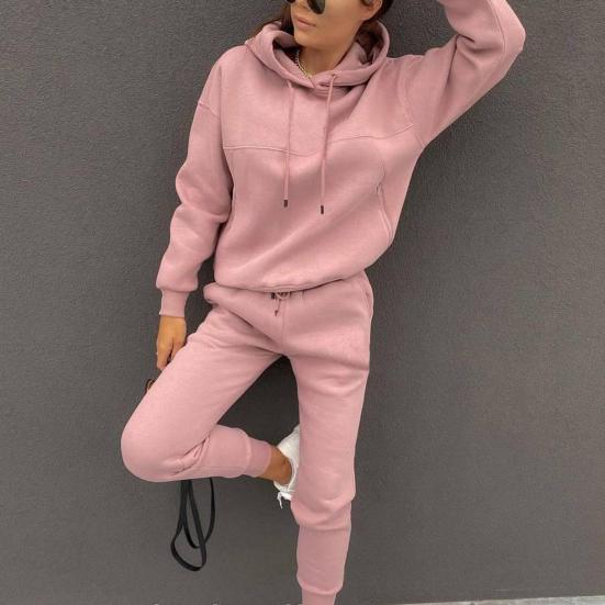 2 Teile/satz Langarm Kordelzug Taschen Elastische Bund Mid-rise Casual Outfit Frauen Frühling Einfarbig Mit Kapuze Sweatshirt Hosen