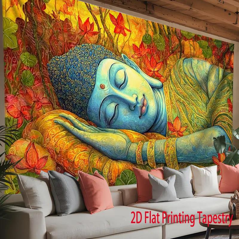 2D Flat, Colorful Sleeping Buddha Lotus Tapestry Wall Hanging For Meditation Yoga Room Decor Spiritual Art Print Home Decoration