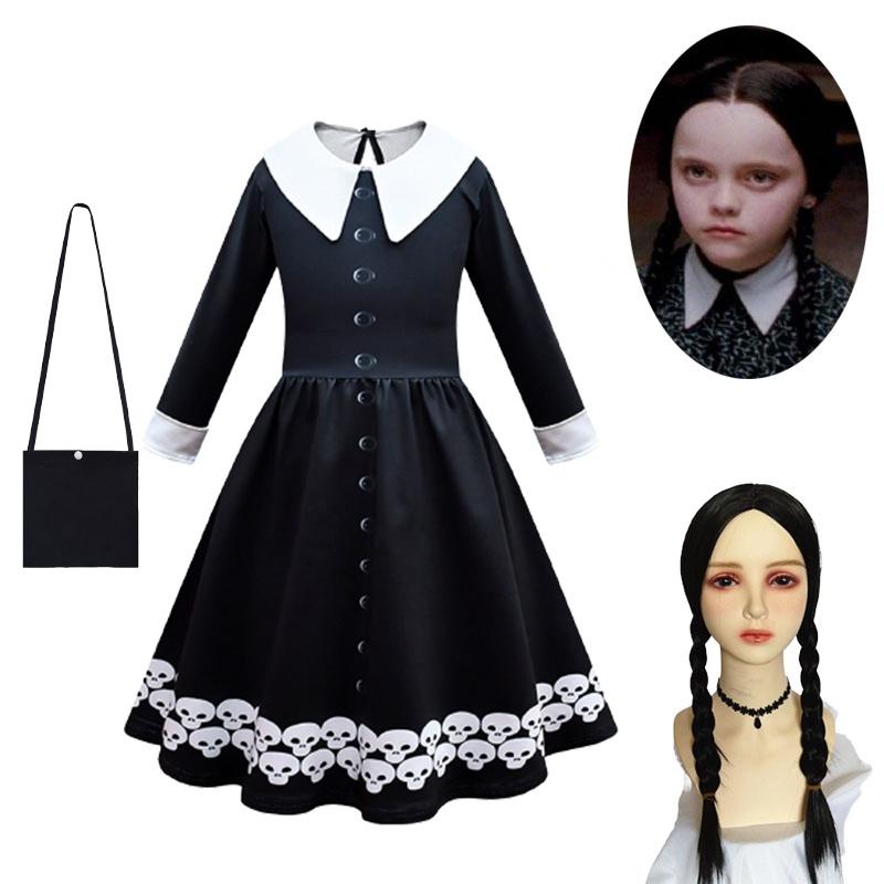 Wednesday Addams Dress Bag Wig Cosplay Costume Girls Xmas Party