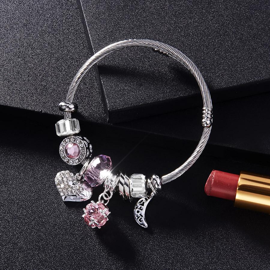 RAVIMOUR Love Heart DIY Bracelet Crystal Bead Charms Bracelets & Bangles Fashion Indian Jewelry Steel Chain Wristband Gift
