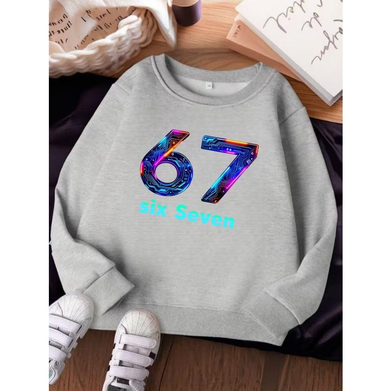 Unisex Kids Red Crewneck Sweatshirt For 4-12 Boys Girls Tech Circuit Neon Number 67 Six Seven Letter Print Soft Fleece Long Sleeve Pullover