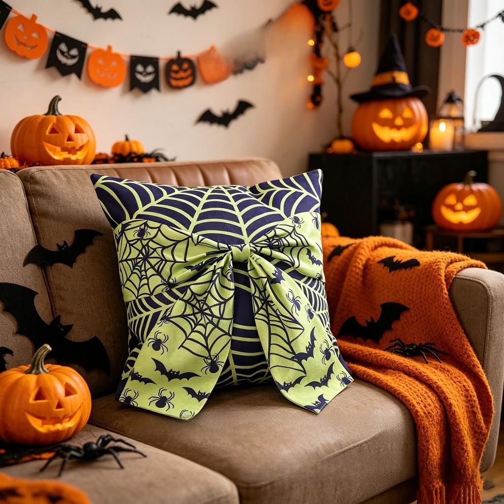 Halloween Pillow Cover With Ghost And Spider Web Design For Living Room Decor