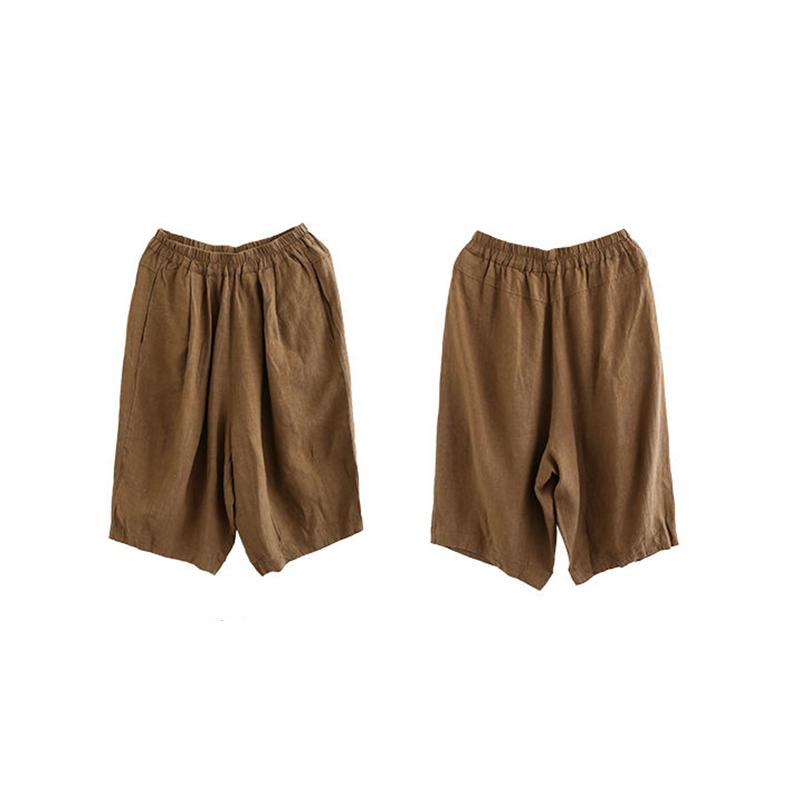 Pantaloni semplici casual da donna estivi in cotone e lino retrò letterario a tinta unita con elastico in vita taglia grande pantaloni a cinque punti