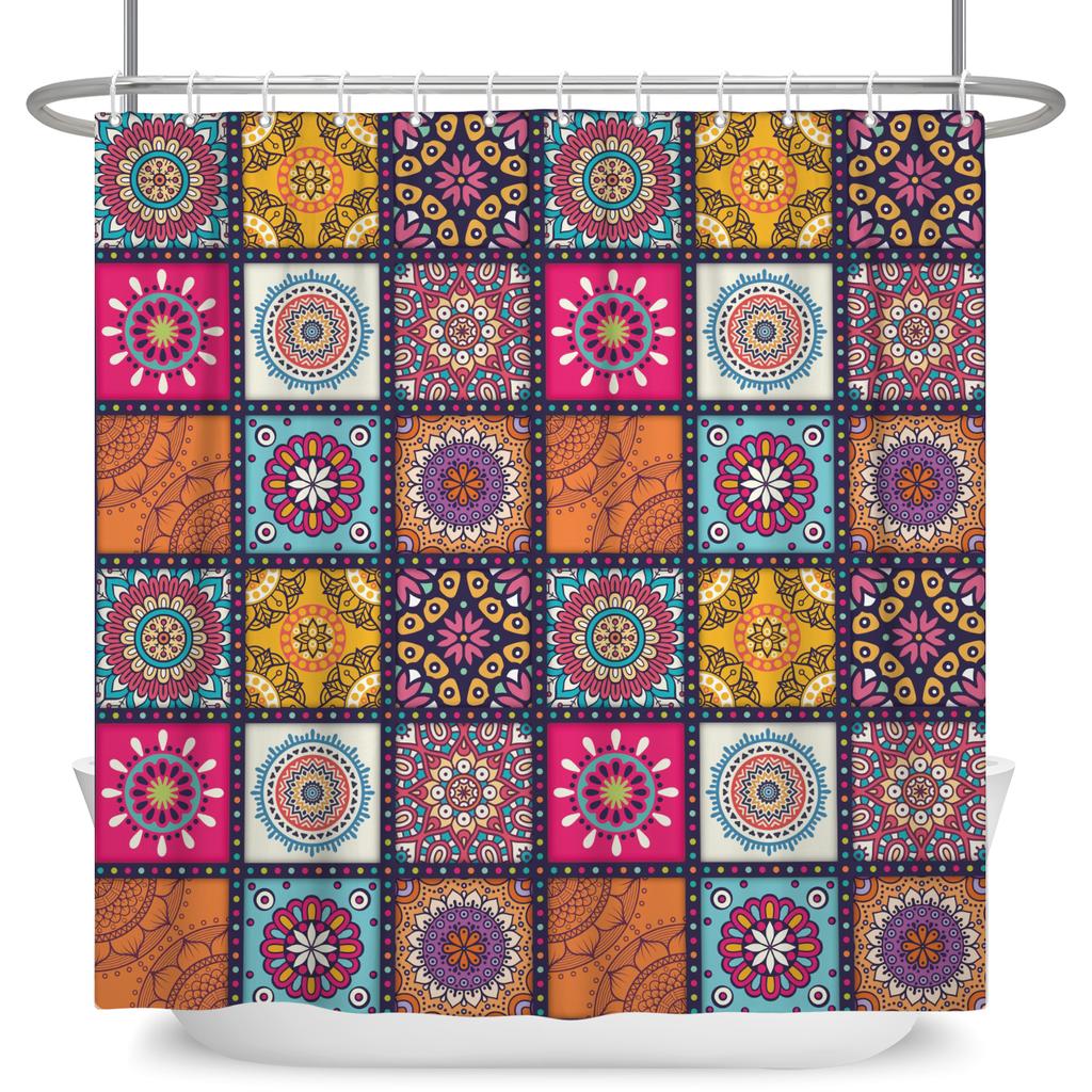 Mandala Kwiaty Wodoodporna Zasłona Prysznicowa Tkanina Poliestrowa Styl Boho Dekoracja Domowa Łazienkowa Zasłona na Wannę z 12 Haczykami