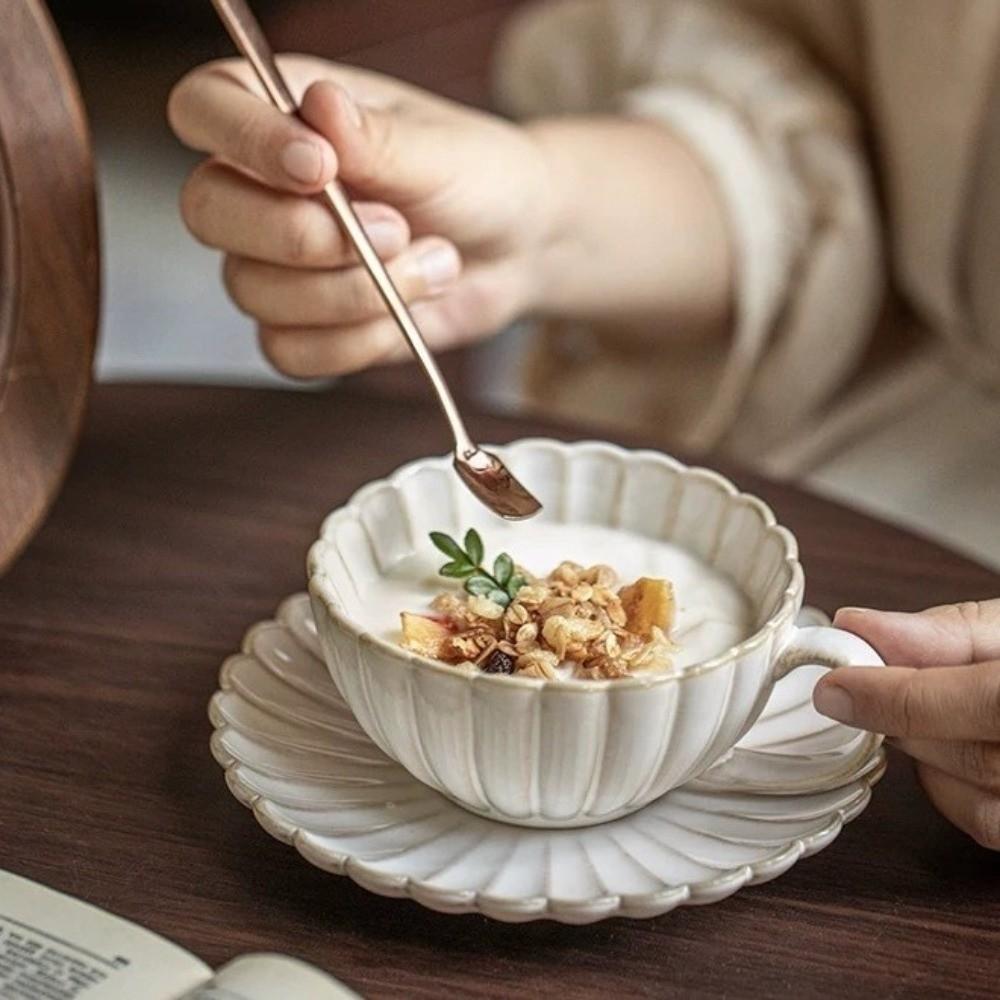 Retro Tea Mug Plate Set Flower Shaped Pottery Drinkware Set Creative Milk Cups Breakfast