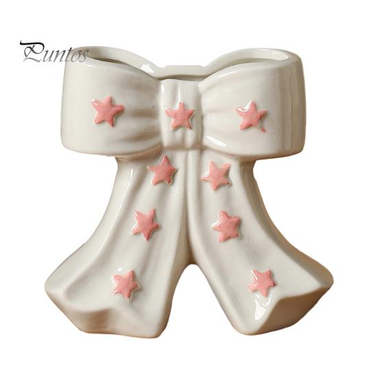 Dried Flower Holder Ceramic Bow Vase with Star, Decorative Flowers Vase, Creative French Style Arrangement for Living Room Table Centerpiece