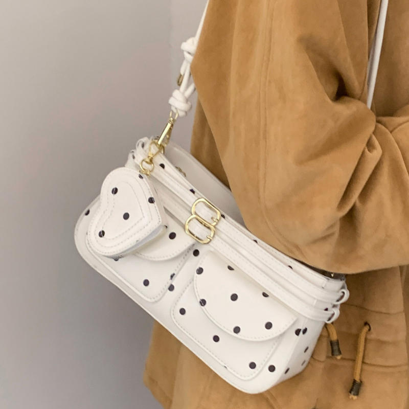 Korean Polka Dot Leather Handbag Women Heart Purse Charm Decor Shoulder Bag Fashion Belt Buckle Design Multi Pocket Underarm Bag