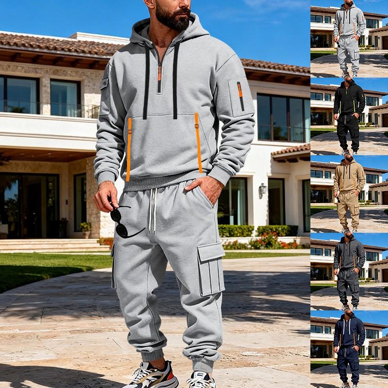 Mens Winter Oversized Hoodie Cargo Pants Set Thick Fleece-Lined Casual Streetwear Outfit Young Adults