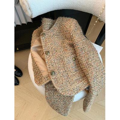 Chaqueta Tweed Vintage Mujer Abrigo Elegante Corto Coreano Manga Larga Ropa Exterior Otoño Invierno Señoras Blazer Chic de Botonadura Sencilla Nuevo