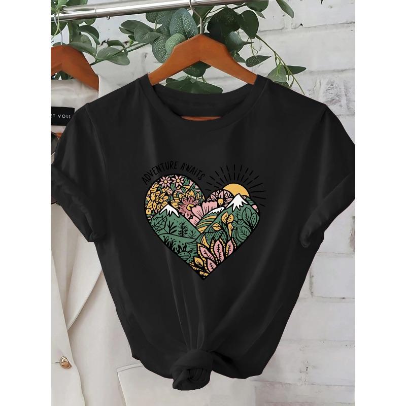 

European size 1pc Women s Summer Short-sleeve T-shirt - 2D Geometric Heart Pattern with Mountain Flowers and Sunrise, Symbolizing Adventure 4XL чорний