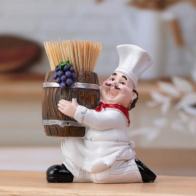 Uroczy pojemnik na wykałaczki w kształcie szefa kuchni z drewnianym wiaderkiem - Żywica, bez zasilania, idealny do dekoracji imprezy domowej