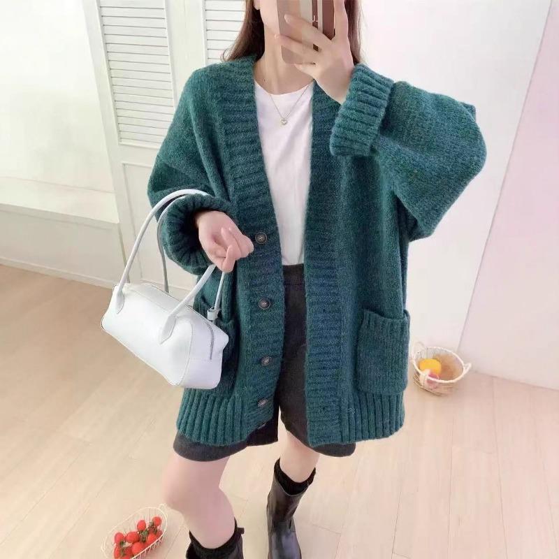 Lazy wind knitted cardigan women's clothing autumn and winter new loose casual thickened V-neck sweater jacket women