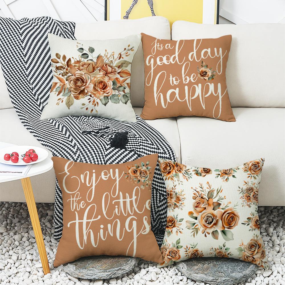 New Autumn Thanksgiving Home Sofa Cushion Cover Letter Printed Linen Flowers Warm Colors