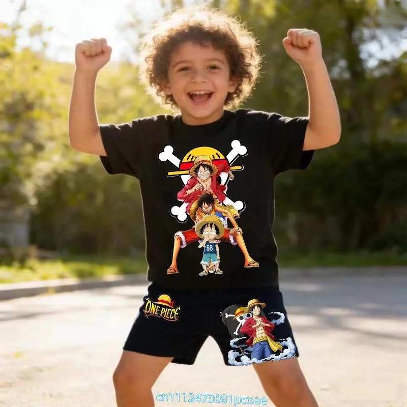 One Piece Children's Polyester Short-Sleeved Shorts Set with Cartoon Print - Boys' Sports Shirt for Summer T-Shirt Set of 2 Pieces
