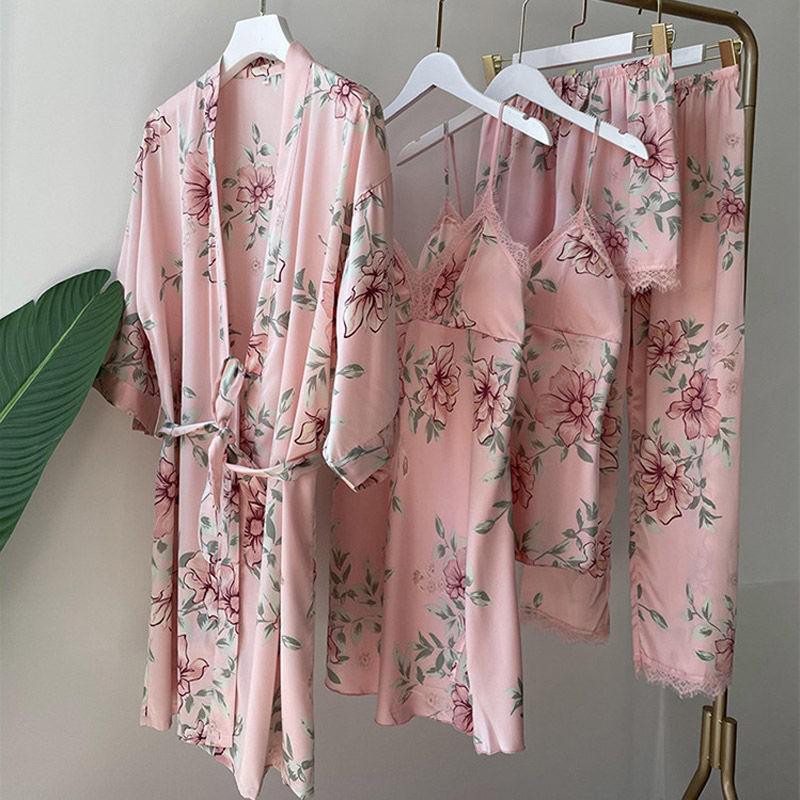 Sexy Rayon Silk 5PCS Pajamas Set Female Sleepwear Print Flower Bathrobe Nightgown Lady Relaxed Fit Casual Pijamas Suit Home Clothes