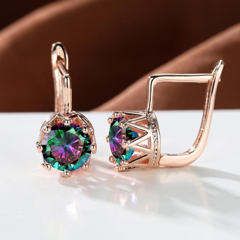 Rose Gold Color Round Cut Pink Red Blue Rainbow Birthstone Drop Dangle Earrings Eight Claw Stud Hook Earrings Jewelry