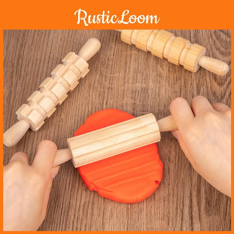 Wooden Pasta Rolling Pin With Textured Surface For Kids Diy Craft And Play