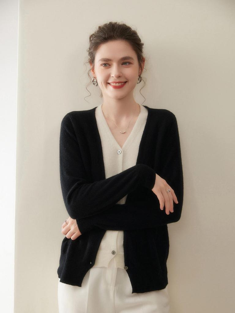 Women's V-Neck Colorblock Cashmere Cardigan Sweater - Loose Knit Autumn/Winter Top