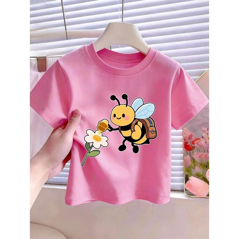 European sizes Cartoon-style Cute Little Bee Collecting Honey" Letter/cartoon Print, Girls' Short-sleeve T-shirt, Suitable for Summer Wear