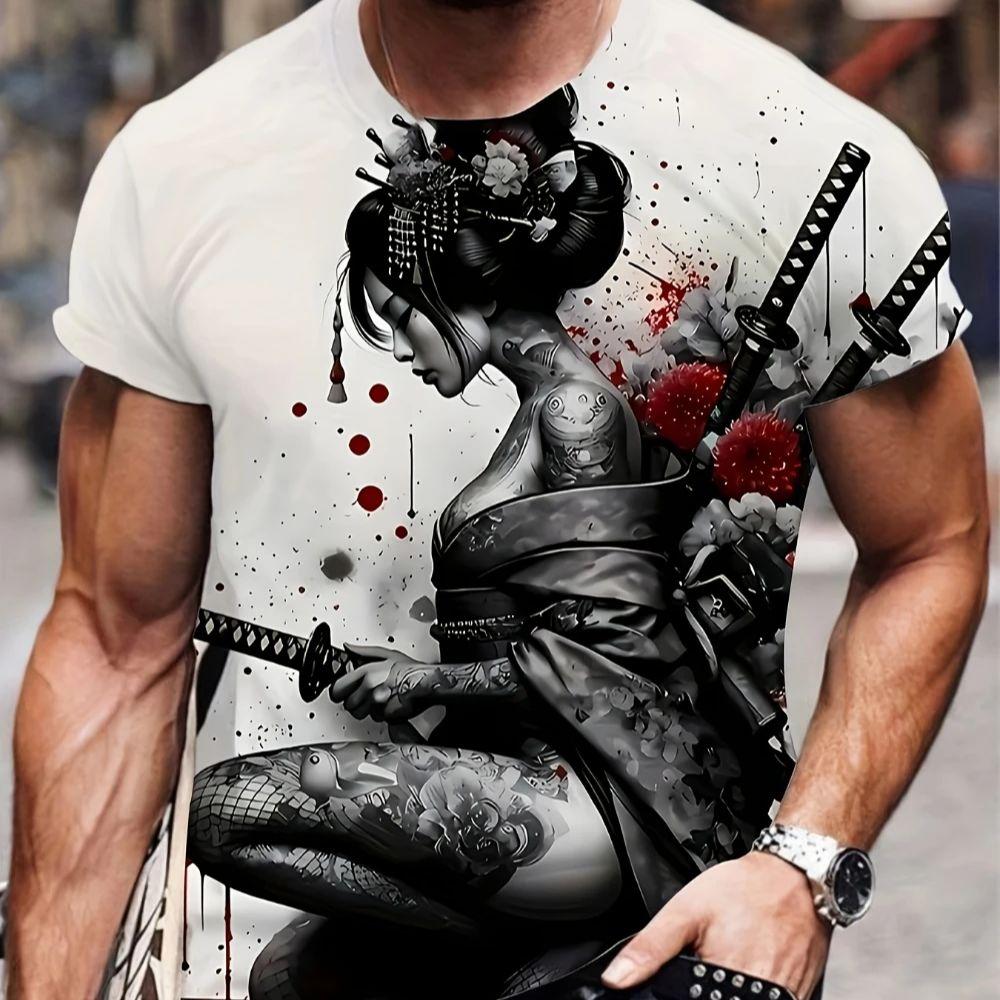 Japanese Geisha 3D Printing Men's Lightweight Breathable T-shirt Street Trend Fashion Wear Casual Sports Top Moisture Wicking