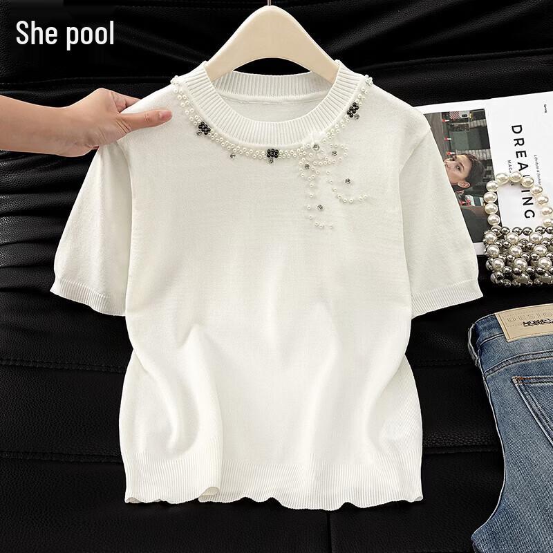 Women s Sweet Beaded Round Neck Ice Silk Knit Top S