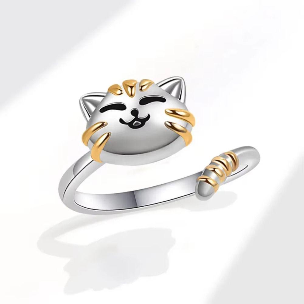 Adjustable Fidget Spinner Rings Cute Cartoon Animal Cat Kitten Rings Gold Silver Open Rotate Freely Ring Women Girls