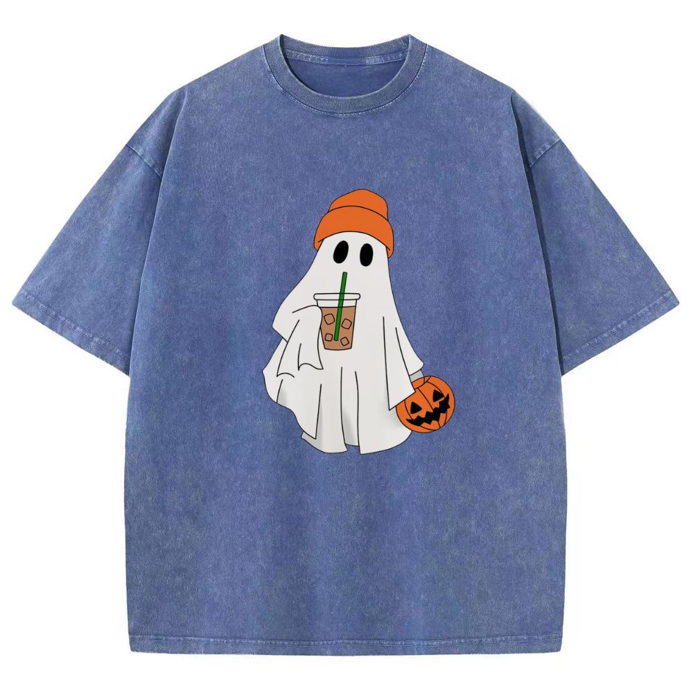 Halloween Pumpkin Ghost Print Women's Washed Oversized T-Shirt Black Stretchy Breathable Short Sleeve Unisex Cute Top
