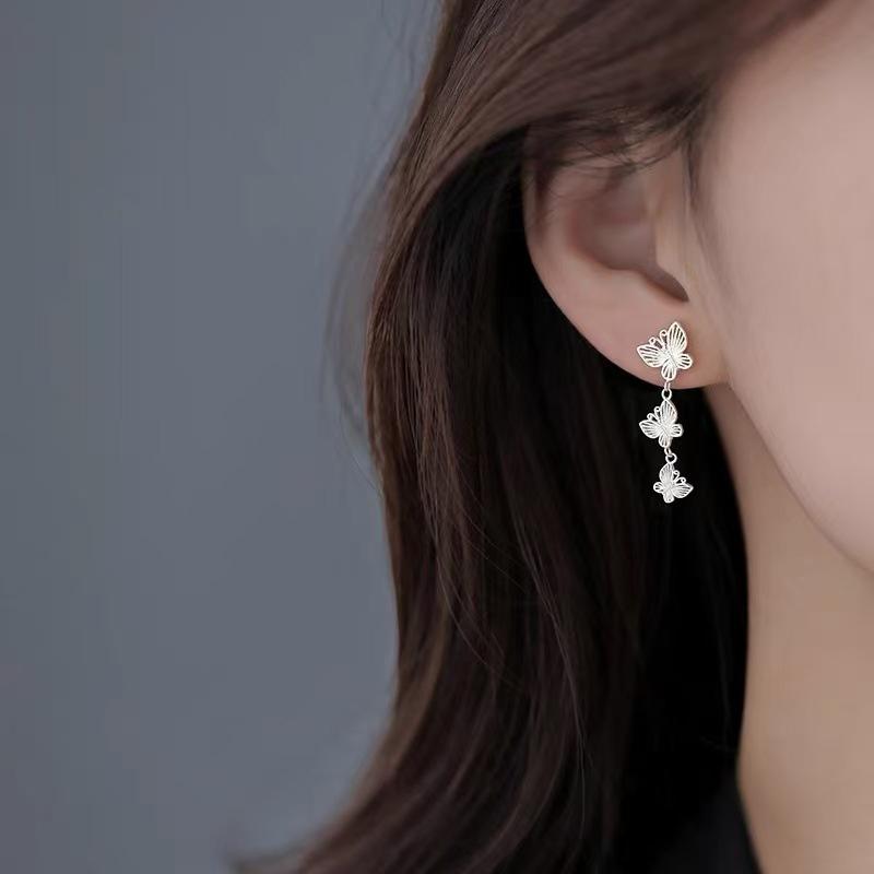 Real 925 Silver Butterfly Tassel Stud Earrings For Women Classic Insect Fine Jewelry Light Accessories