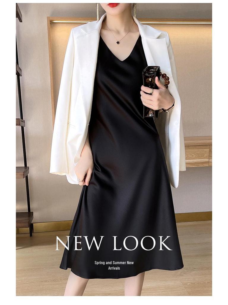 Czarna Satynowa Sukienka Slipowa Bez Rękawów w Linii A – Damska Letnia Długość Nad Kolano