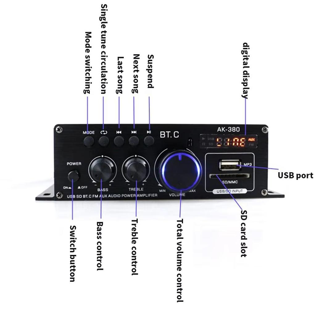 AK380 800W 12V Home Car Hifi Power Bluetooth Amplifier Stereo BASS Audio Amp Speaker Class D Home Theater Car Home Sound Power Amp